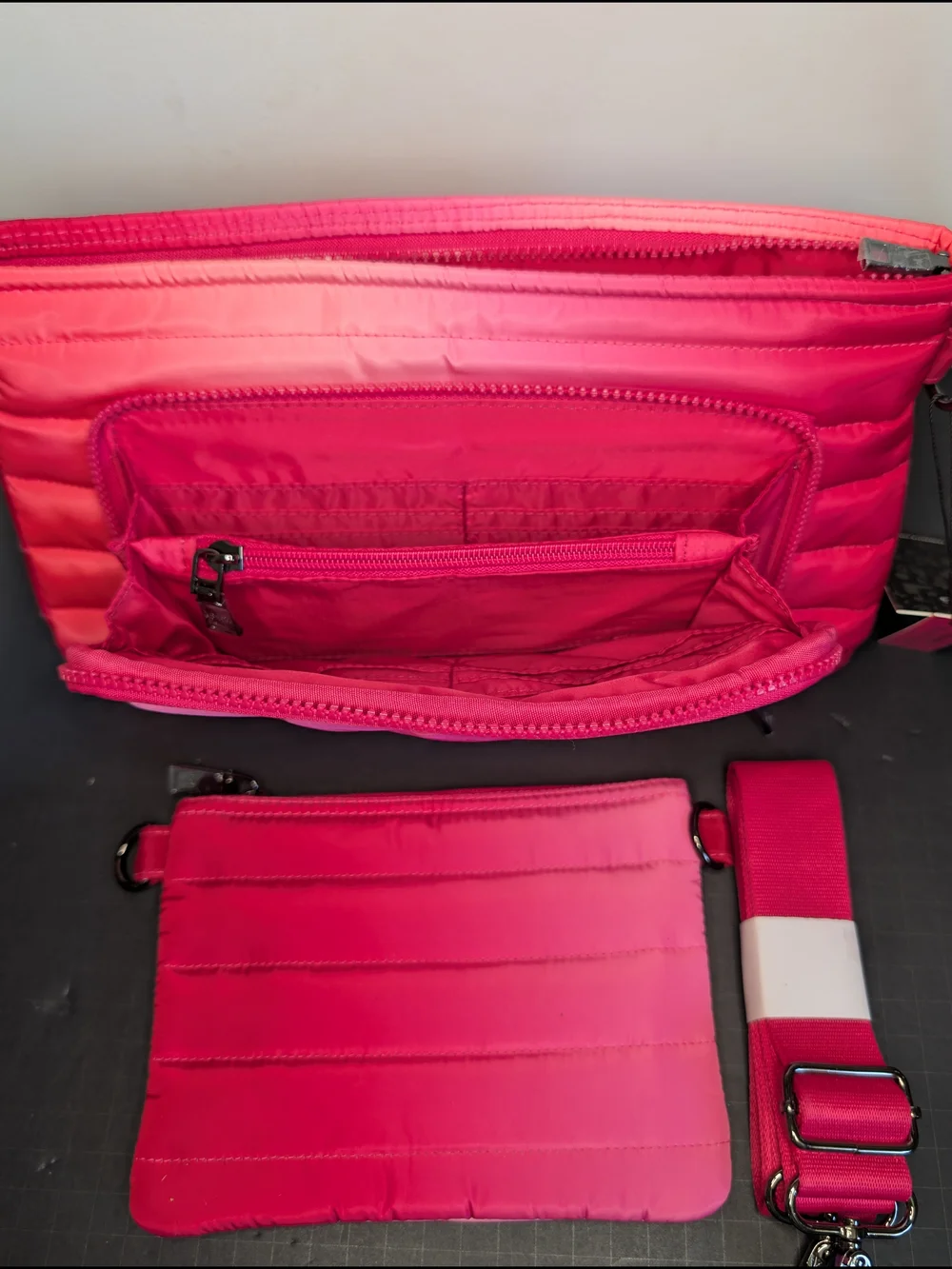 THINK ROYLN Pink Ombre Quilted Crossbody Bag Zip Silver Hardware Strap & Pouch